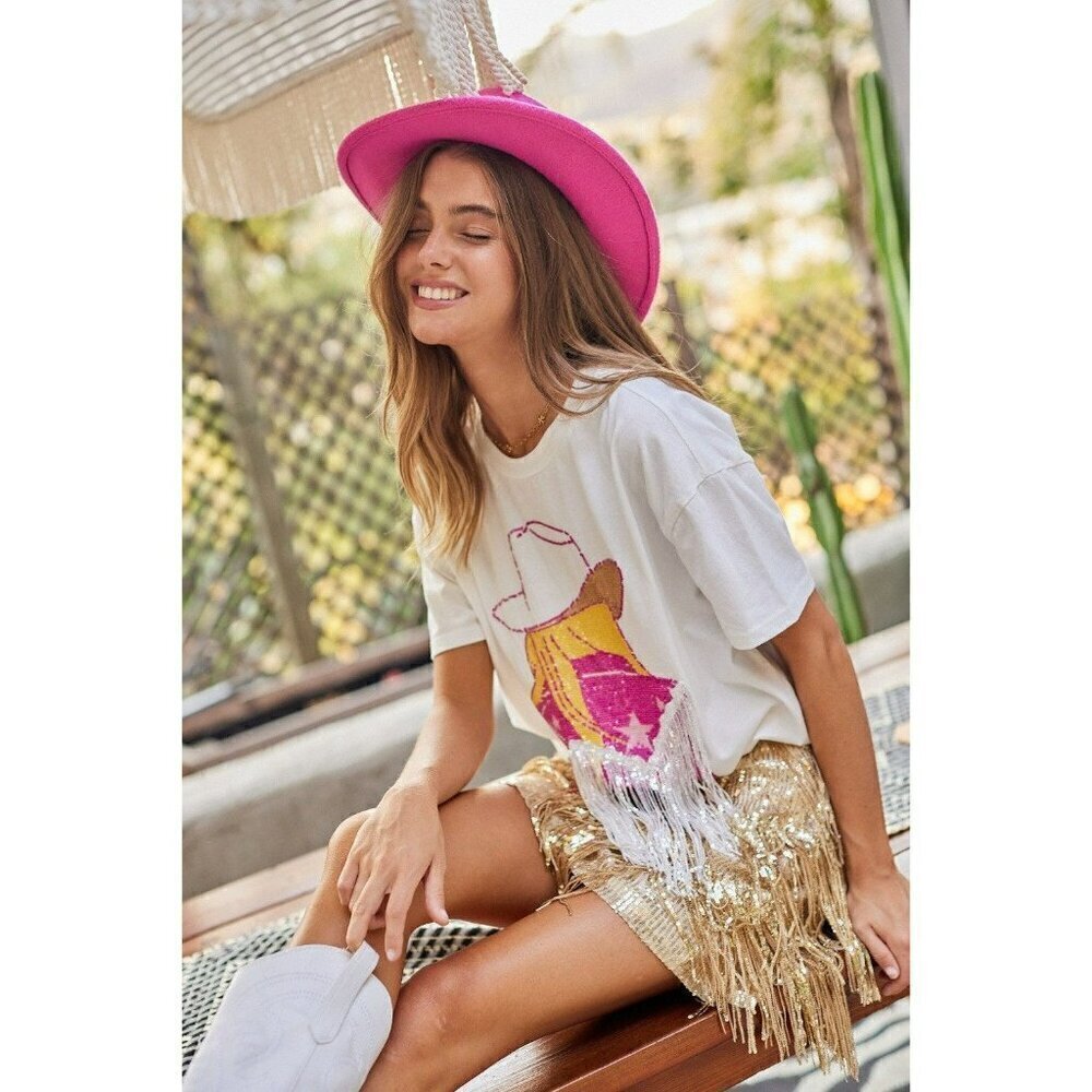 Doin' Cowgirl Things Sequin Fringe Graphic Tee in White - Picture 3 of 8